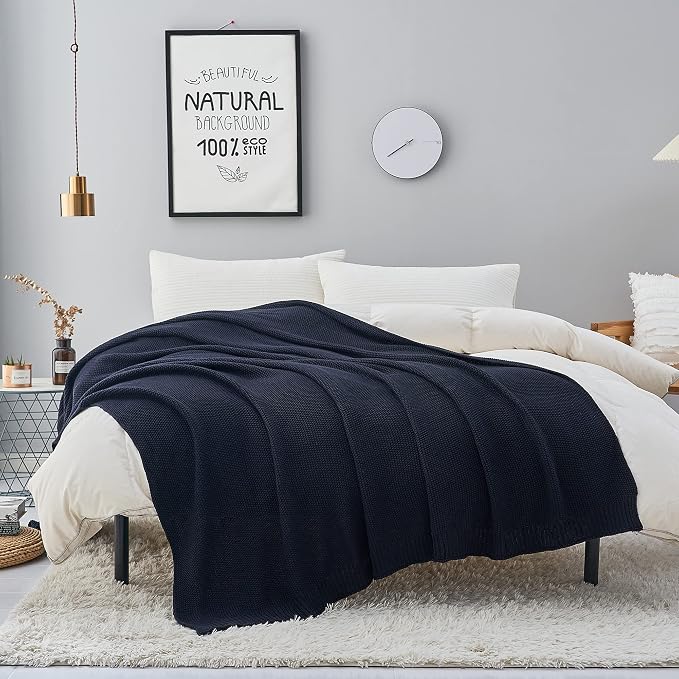 Longhui bedding Dark Navy Blue Cotton Cable Knit Throw Blanket for Couch Sofa Bed, Lightweight Home Decorative Throws, Bonus Laundering Bag, 60 x 80 Machine Washable