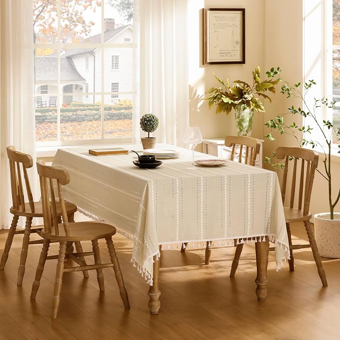 ZeeMart Hemstitched Embroidery Striped Boho Tablecloth 60x60 Inch Beige, Heavy Weight Farmhouse Burlap Linen Beige Tablecloth, Wrinkle Resistant Washable Table Cloth for Square Table