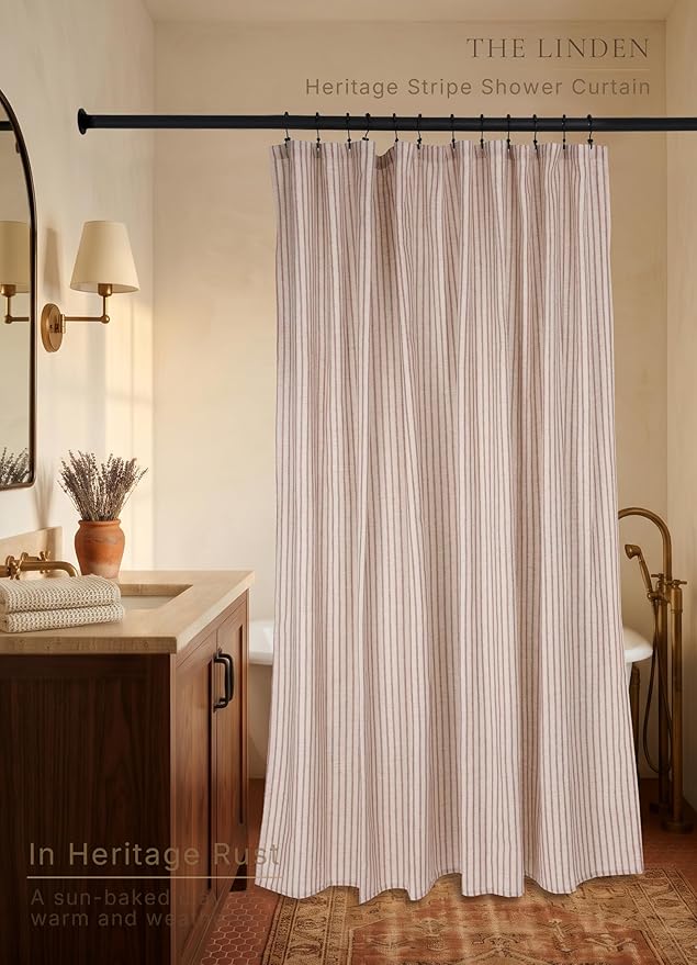 Farmhouse Striped Shower Curtain - 72x84 Inches, Linen Blend Fabric, Breathable & Machine Washable, Rustic Rust for Bathroom Decor (Hooks/Liner Not Included)