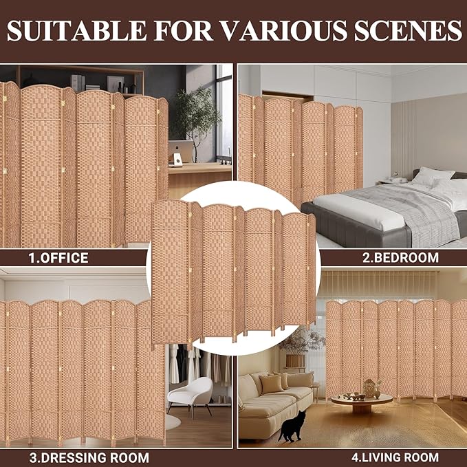 HALLYBEE Room Divider, Room Dividers and Folding Privacy Screens, 16in Privacy Screen, 8 Panel Temporary Wall Partitions, 6ft Space Separation Panel Screen, Natural