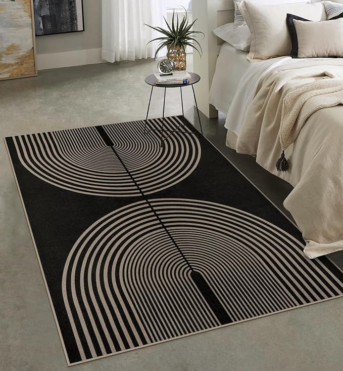 Rugalia Easy Jute 5x7 Outdoor Patio Rug, Washable Black Boho Rainbow Rugs for Living Room, Non-Slip Modern Farmhouse Outdoor Mat Neutral Abstract Floor Carpet for Patio Dining Room Backyard