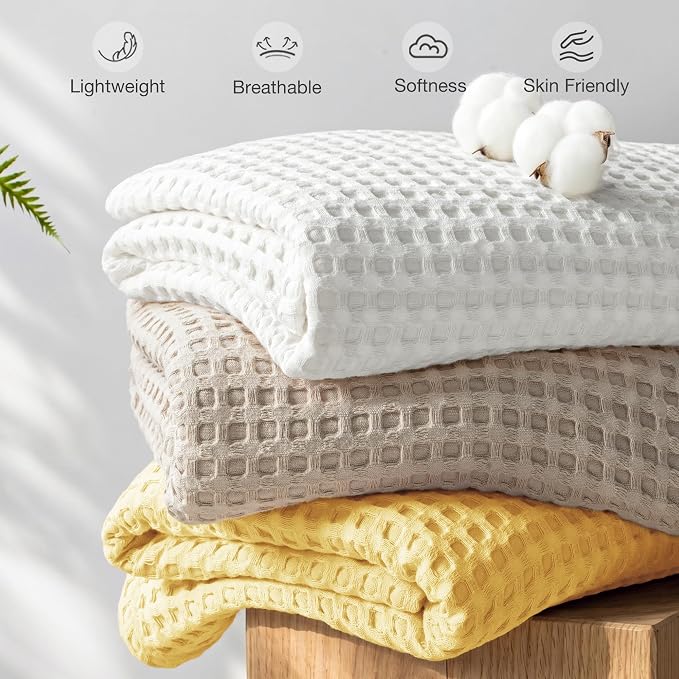 Exclusivo Mezcla Pre-Washed 100% Cotton Waffle Throw Blanket for Couch, 330GSM Lightweight Breathable Summer Blankets, Soft and Cozy, Room Decor, Yellow, 50x60 Inches