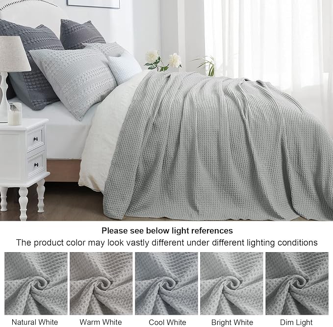 PHF Pre-Washed 100% Cotton Waffle Weave Blanket King Size for Bed,Snag Proof Throw Blanket for Couch Spring Summer Lightweight Breathable,Machine Washable, Home Decor Gift - Light Grey