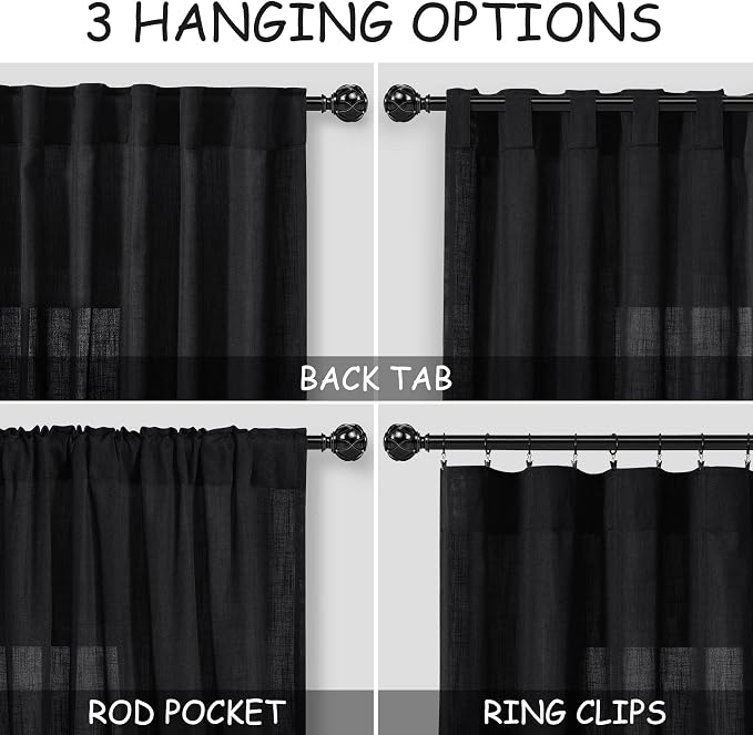 Nanspring Black 102 Inch Linen Curtains for Living Room Back Tab Rod Pocket Privacy Semi Sheer Light Filtering Curtains Simple Modern Soft Material Panel Drapes for Bedroom,2 Panels, 60x102