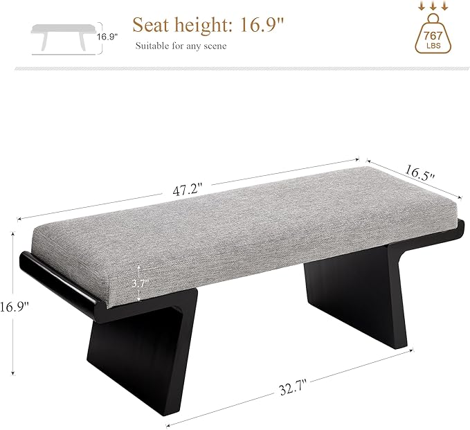 47.2’’ Bed Bench, Modern Upholstered Living Room Bench with Solid Wood Legs, Wooden Shoe Bench with Floating Design, Linen Fabric Dining Bench for Kitchen, Entryway (Grey/Black)