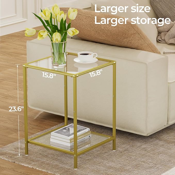HOMSHO Side Tables Set of 2, End Table with Tempered Glass, 2-Tier Nightstands with Storage Shelves, Coffee Table with Modern Style, Square Sofa Table for Living Room, Bedroom, 15.7"D x 15.7"W, Gold