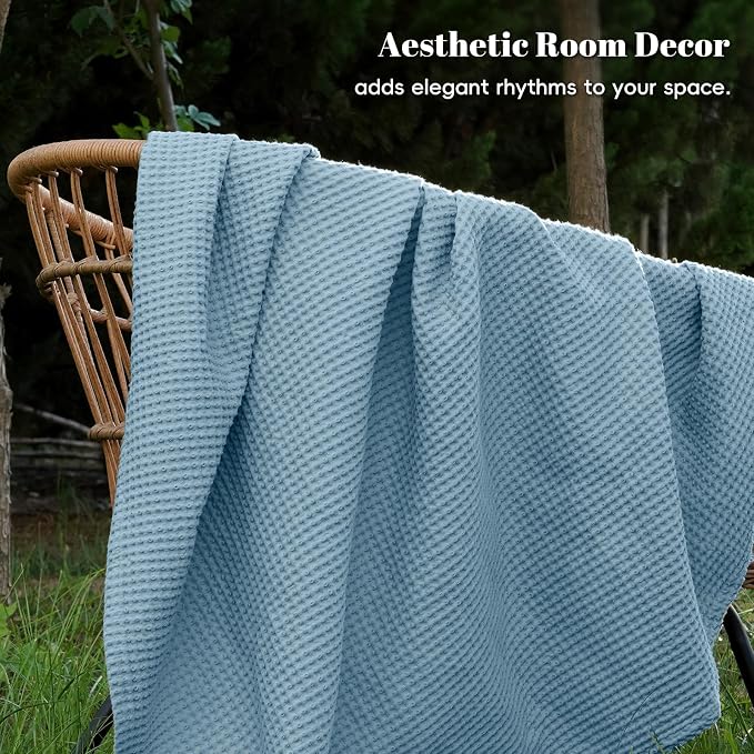 PHF Pre-Washed 100% Cotton Waffle Weave Blanket Twin Size for Bed,Snag Proof Throw Blanket for Couch Spring Summer Lightweight Breathable,Machine Washable, Home Decor Gift - Dusty Blue