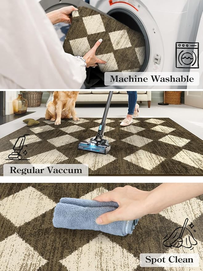 Lahome Zelie Washable Kitchen Runner Rug 2x6, Brown Rug Runners for Hallways 6 Feet Non Slip Bathroom Rugs Runner, Moroccan Trellis Non Skid Low Pile Laundry Room Carpet Runners for Bedroom Entryway