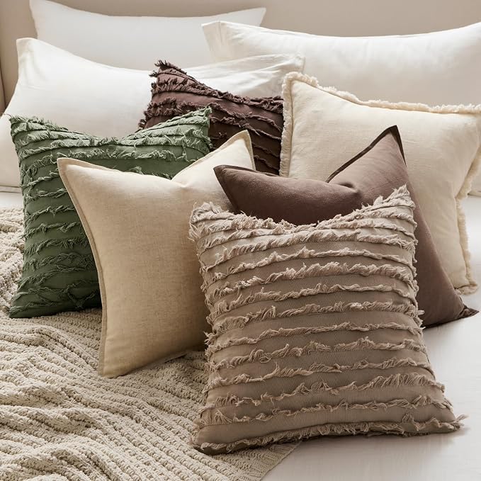 MIULEE Decorative Boho Throw Pillow Covers Set of 2 Khaki Brown Modern Linen Striped Jacquard Pattern Farmhouse Neutral Cushion Covers for Sofa Couch Living Room Bedroom 20x20 Inch Home Decor