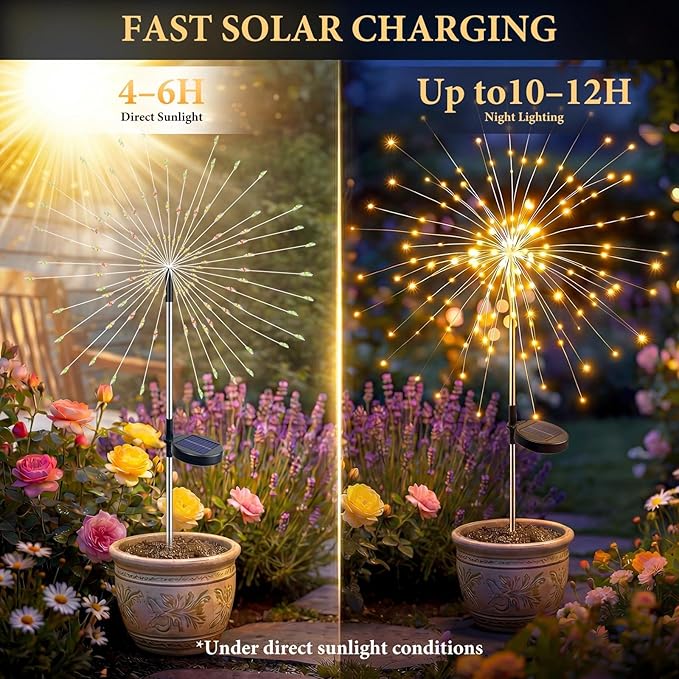 Solar Firework Light, 1 Pack 120 LEDs 8 Lighting Modes Twinkle Solar Garden Lights Outdoor Waterproof for Yard Patio Walkway Pathway Party Wedding Balcony & 4th of July Decor
