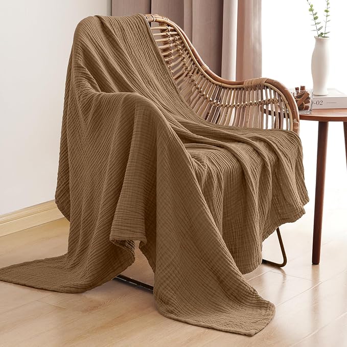 PHF 100% Cotton Muslin Throw XL Blanket Large 50" x 70", 4-Layer Lightweight Gauze Throw, Breathable Cloud-Soft Minimalist Blanket for Bed, Couch, Camping, Coco Brown, Ideal Gift