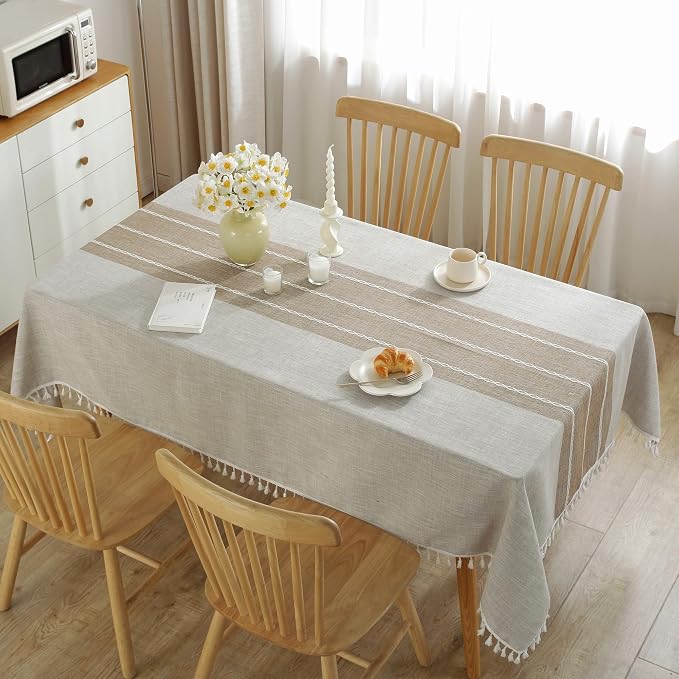 JIALE Tablecloths for Rectangle Tables, Cotton Linen Table Cloth Waterproof Tablecloth Wrinkle Free Farmhouse Dining Tables Cover, Soft Fabric Table Cloths with Tassels, Brown, 55" X 86", 6-8 Seats