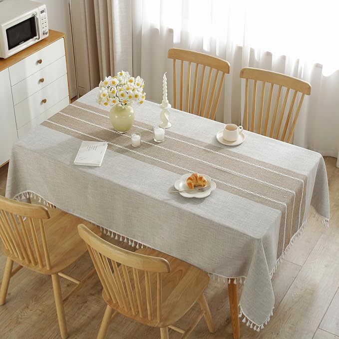 JIALE Tablecloths for Rectangle Tables, Cotton Linen Table Cloth Waterproof Tablecloth Wrinkle Free Farmhouse Dining Tables Cover, Soft Fabric Table Cloths with Tassels, Brown, 55" X 102", 8-10 Seats
