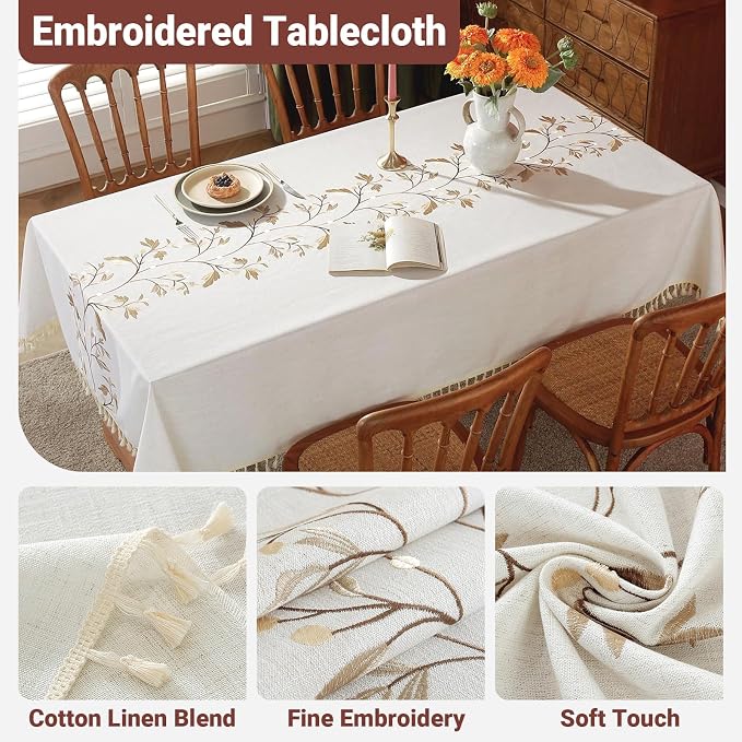 Laolitou Cotton Linen Waterproof Tablecloth for Dining Table Farmhouse Kitchen Rectangle Table Cloth Coffee Wrinkle Free Tables Cover, Beige, Coffee Flower, 55x102 Inch