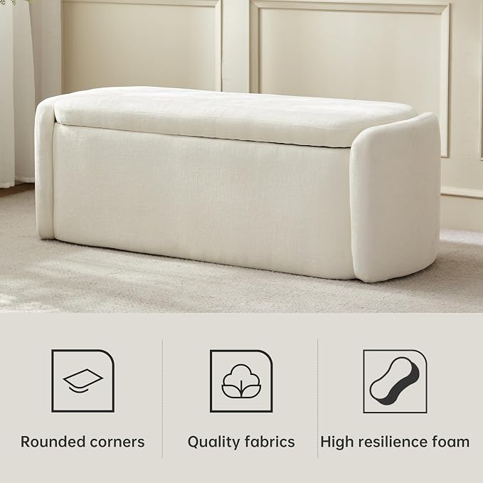 VKNOW 46" Oval Storage Ottoman Bench, Upholstered End of Bed Bench Ottomans Bench Foot Rest, Sherpa Storage Bench for Bedroom, Living Room and Hallway, Beige