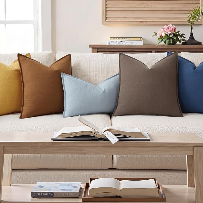 decorUhome Fall Decorative Linen Euro Sham Throw Pillow Covers 26x26 Inch Set of 2 Brick Neutral Pillow Covers with Flange Edges Soft Farmhouse Boho Accent Pillow Cases for Couch Bed Living Room