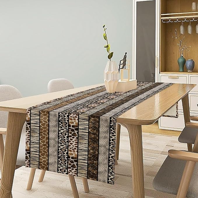 Animals Table Runner,African Wildlife Fierce Leopard Tiger Fur White Brown Zebra Skin Pattern Table Runner for Coffee Table Dining Room Table Bedroom Party Holiday Decor 13x60inch
