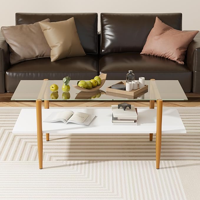 Furnify Glass Coffee Table, Rectangle Living Room Center Table with Golden Legs, Mid-Century Modern Accent Tables with Open Shelf for Living Room, Office, White