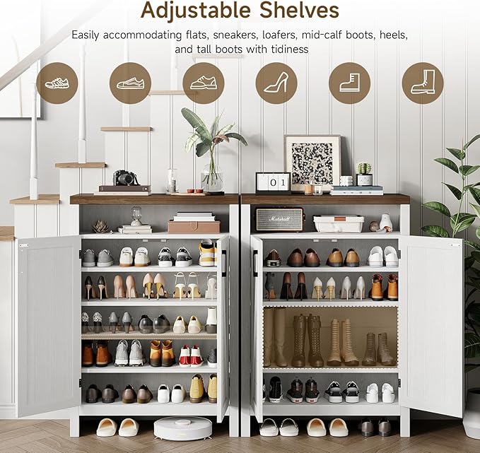 ONBRILL 6-Tier Shoe Cabinet with Doors, Farmhouse Shoe Storage Cabinet with Adjustable Shelves, Large Capacity Wooden Shoe Rack Organizer for Entryway, Closet, Hallway, Living Room, White