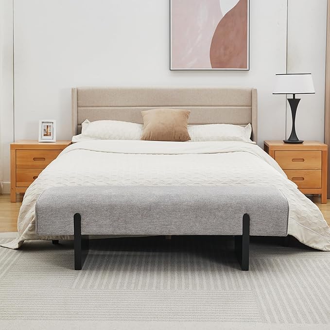 55’’ Upholstered End of Bed Bench, Linen Entryway Bench with Solid Wood Legs, Farmhouse Wooden Dining Room Bench for Bedroom, Living Room, Grey