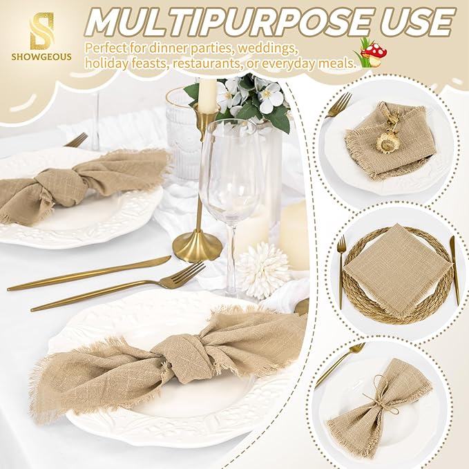 Showgeous 60 Pack Caramel Cloth Napkins with Fringe 16x16 inch 100% Cotton Caramel Napkins Handmade Dinner Napkins Bulk Washable Soft Rustic Table Napkins for Wedding Parties Bridal Baby Shower