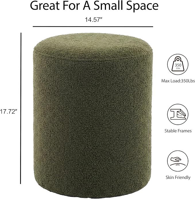 Modern Round Vanity Stool, Small Ottoman, Cute Fabric Foot Stool, Teddy Fleece Footrest, Upholstered Vanity Chair, Stool for Makeup, Bedroom, Living Room (1PCS, Round-Dark Green)