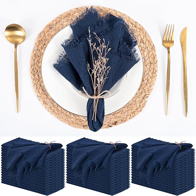 50 Pack Navy Blue Handmade Cloth Napkins 16 x 16 Inch Cotton Linen Napkins with Fringe, Washable and Reusable Napkins, Soft Rustic Boho Fringe Cloth Napkins for Dinners,Parties, Wedding