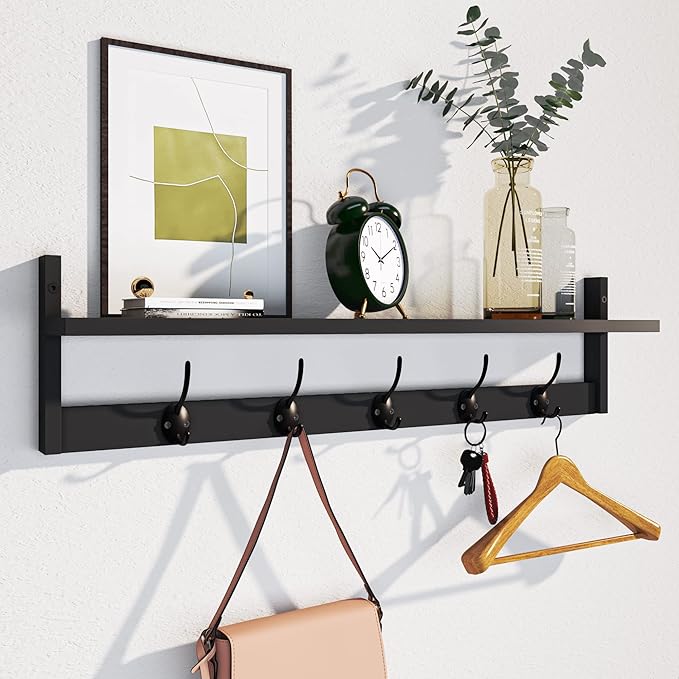AMBIRD Wall Hooks with Shelf Entryway Hanging Wood Coat Hooks with Shelf Wall-Mounted Coat Hook Rack with 5 Dual Hooks for Bathroom, Living Room, Bedroom (Stylish Black)
