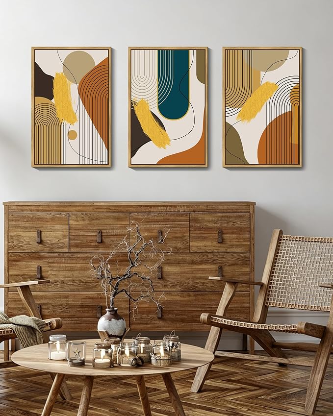 PHOPAGO 16x24in Large Boho Abstract Framed Wall Art Modern Minimalist Luxury Gold Line Artwork Kitchen Dining Room Decor Natural Framed