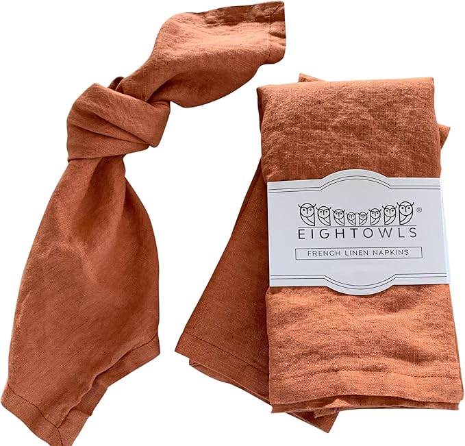 Linen Napkins –100% French Flax – Stonewashed Pure Linen Cloth Napkins - Size 18 Inch x 18 Inch – Set of 4 (Rustic Orange)