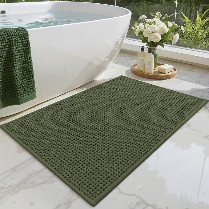 Color&Geometry Rubber Backed Waffle Bath Mat 36x24, Non Slip Water Washable Bathroom Rugs, Soft Absorbent Chenille Boho Carpet for Bathroom Floor, Tub and Shower, Green