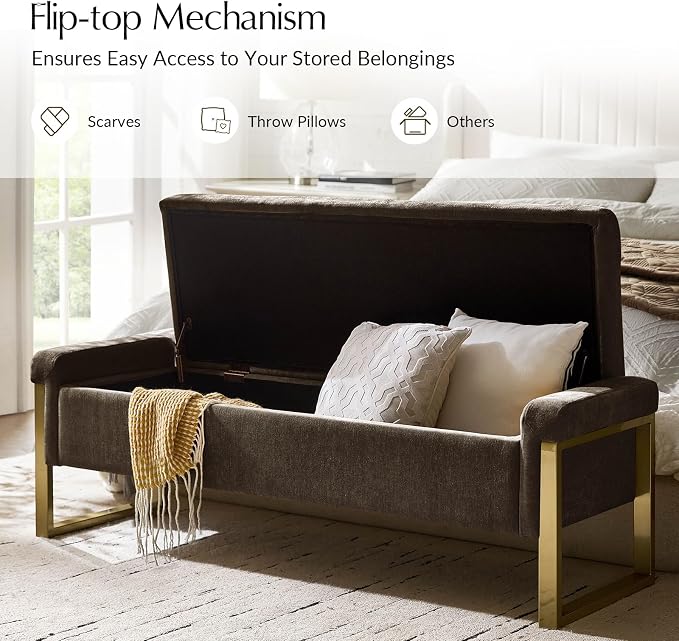 Modern Storage Ottoman Bench with Gold Metal Legs Upholstered Footrest End-of-Bed Bench with Hidden Storage, Hallway and Entryway Brown