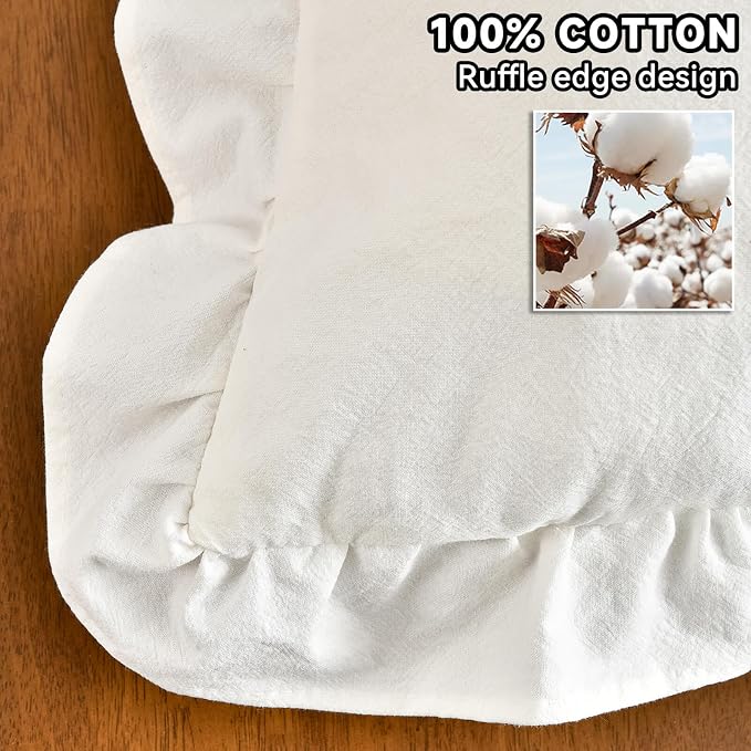 AmHoo Pack of 2 Throw Pillow Covers 100% Cotton Pre Washed Ruffle Decorative Pillowcase Cushion for Couch Sofa Bedroom 22 x 22-Inch Cream White