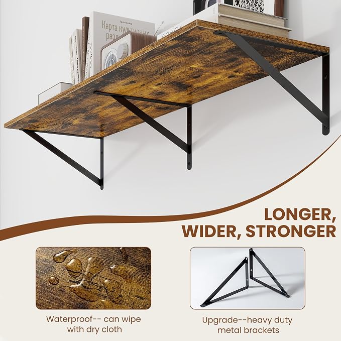 Heimlove Deep Floating Shelves for Wall, 40W x 12D Wood Wall Shelves Set of 2, Wide Floating Bookshelf for Living Room, Kitchen, Office, Bedroom and Decor Storage, with Metal Bracket - Rustic Brown