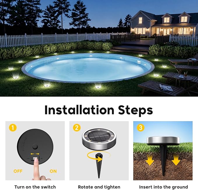 6 Pack Solar Ground Lights Outdoor, 8 LED Mini Flat Solar Disc Lights, IP65 Waterproof Pathway Lights Solar Powered, Landscape Lighting for Garden Walkway Driveway Yard Lawn,Cool White