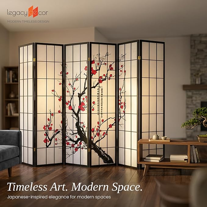 Legacy Decor 6-Panel Folding Room Divider Privacy Screen Plum Blossom Authentic Japanese Shoji Style Real Wood Grid Office & Studio – Black 71” Tall x 104” Wide