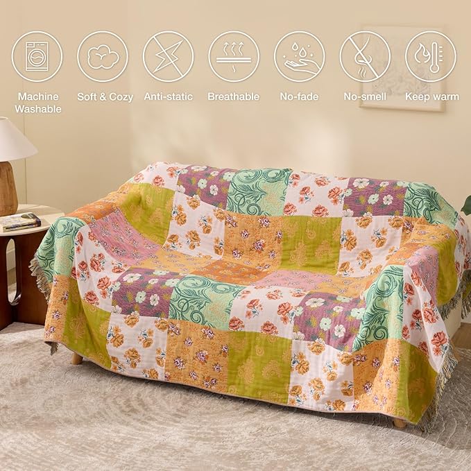 RILIHO 100% Cotton Boho Throw Blanket for Home Decor – Classic Farmhouse Quilt Bedding, Muslin Blankets for Adults, Vintage Woven Decorative Blanket for Couch, Bed Layering Use, Patchwork, 50"x60"