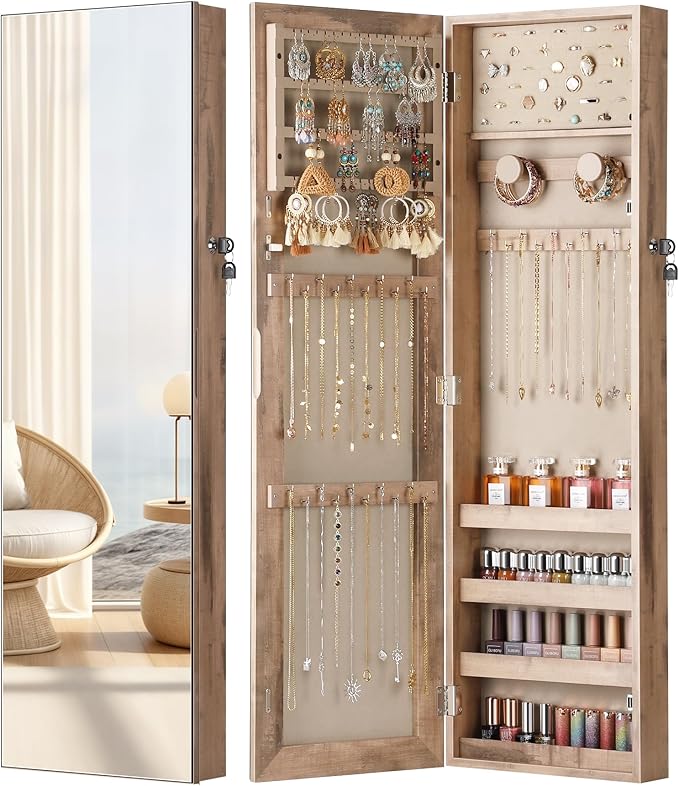 Nicetree Mirror Jewelry Cabinet, Jewelry Armoire with Full Length Mirror,Mirror with Jewelry Storage Wall/Door Mounted, Lockable Jewelry Armoire Organizer, Oak