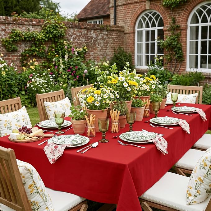 Solino Home Linen Red Tablecloth 60 x 84 Inch - 100% Pure Linen Rectangular Tablecloth - Machine Washable Table Cloth for 4th of July - Fete