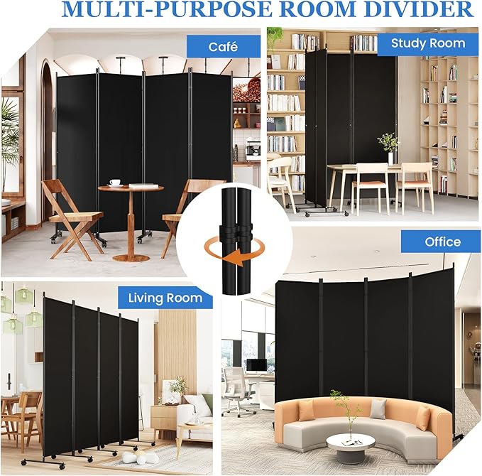 SUNALLY Room Divider 6FT Folding Privacy Screens with Lockable Wheels, 4 Panel Room Partition for Room Separator, 88" W Freestanding Portable Fabric Wall Dividers for Home Dorm Studio Office, Black