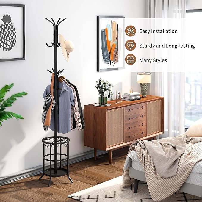 Coat Rack Freestanding with Umbrella Stand Coat Rack Stand with 12 Hooks Metal Coat Tree Coat and Hat Hanger Jacket Entryway(Black)