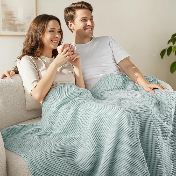Exclusivo Mezcla 100% Cotton Waffle Throw Blanket for Couch, Sofa, Lightweight and Breathable Gauze Muslin Blanket for Summer, Moisture-Wicking, Home Decor, 50"x70", Celadon