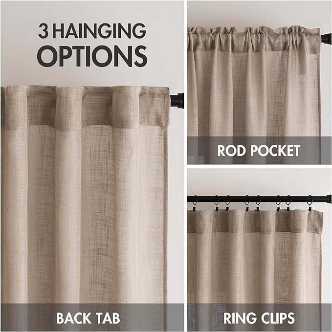 MIULEE Taupe Linen Curtains 96 Inch Long for Bedroom Living Room, Soft Thick Linen Textured Window Drapes Semi Sheer Light Filtering Back Tab Rod Pocket Burlap Look Farmhouse Country Decor, 2 Panels