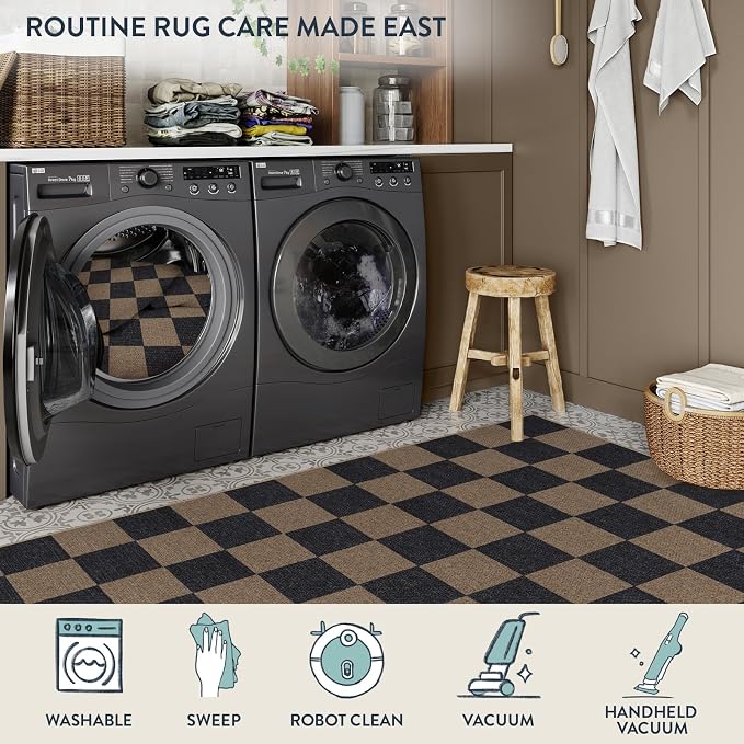 Lahome Colette Checkered Easy Jute 3x5 Rug, Washable Rugs for Living Room Entryway Farmhouse Non Slip Black Outdoor Carpet, Checkerboard Indoor Door Mat for Entry Patio Deck