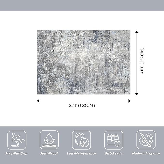 4x5 Washable Entryway Rug – Non-Slip Modern Abstract Indoor Area Rug for Bathroom Kitchen Living Room Bedroom – Low Pile Thin Soft Small Throw Carpet (Blue Grey,4x5)