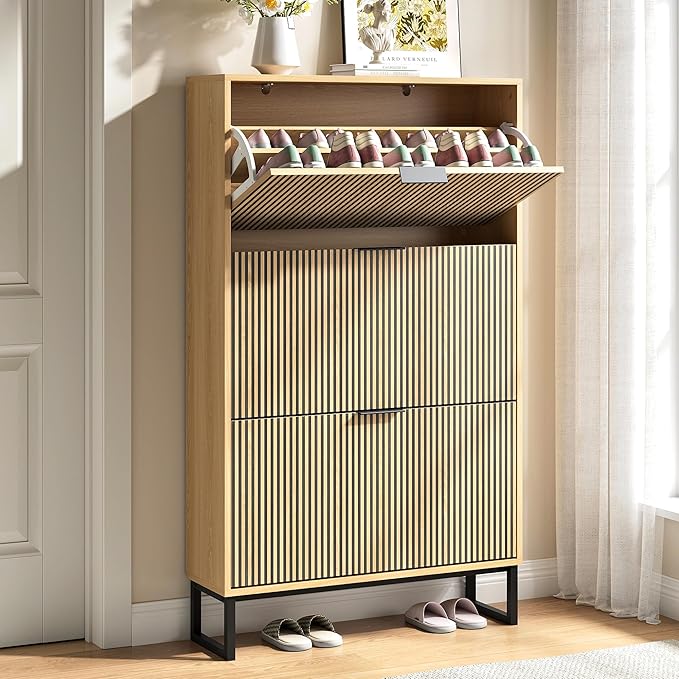 Shoe Storage Cabinet for Entryway with 3 Flip Drawers,Narrow Shoe Rack Cabinet,Hidden Slim Shoe Storage Freestanding Shoe Organizer Cabinet for Entryway, Hallway