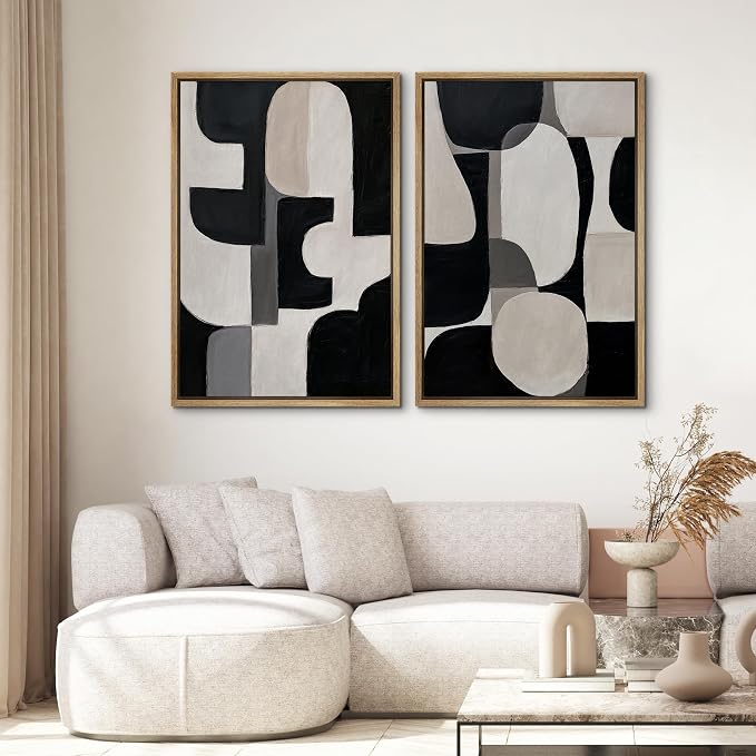 SIGNWIN Framed Canvas Print Wall Art Set Modern Black White Geometric Abstract Minimalist Illustrations Modern Art Minimal Boho Relax/Calm for Living Room, Bedroom, Office - 24"x36"x2 Natural