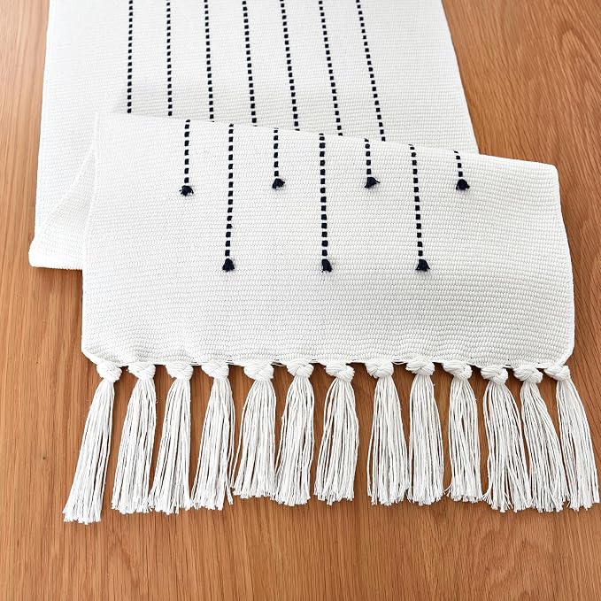 Boho Table Runner Natural Cotton Woven Runner with HandmadeTassels for Home Dining Table décor, for Modern Farmhouse Decor Coffee Table Runner (Navy Blue, 14x72Inch)
