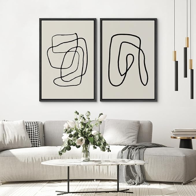 SIGNWIN Framed Wall Art Print Set Black Lines Over Tan Plain Background Abstract Swirly Cozy Neutral Modern Art Mid-Century Modern Expressive for Living Room, Bedroom, Office - 24"x36"x2 Black