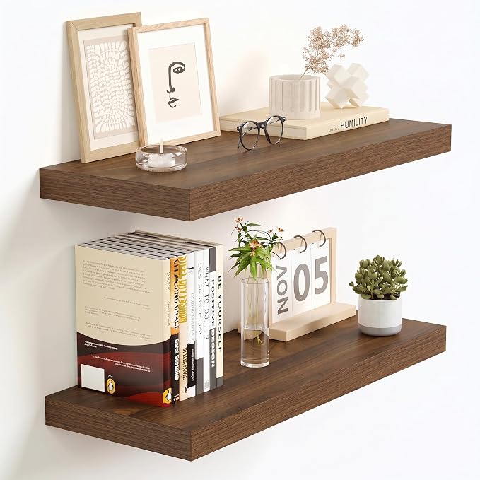 Vivelove Walnut Floating Shelves, 16 Inch Wall Display Shelves for Bathroom Living Room Kitchen Bedroom Office Farmhouse Home Decor, 16" X 9.3" X 1.5" - Set of 2, Walnut